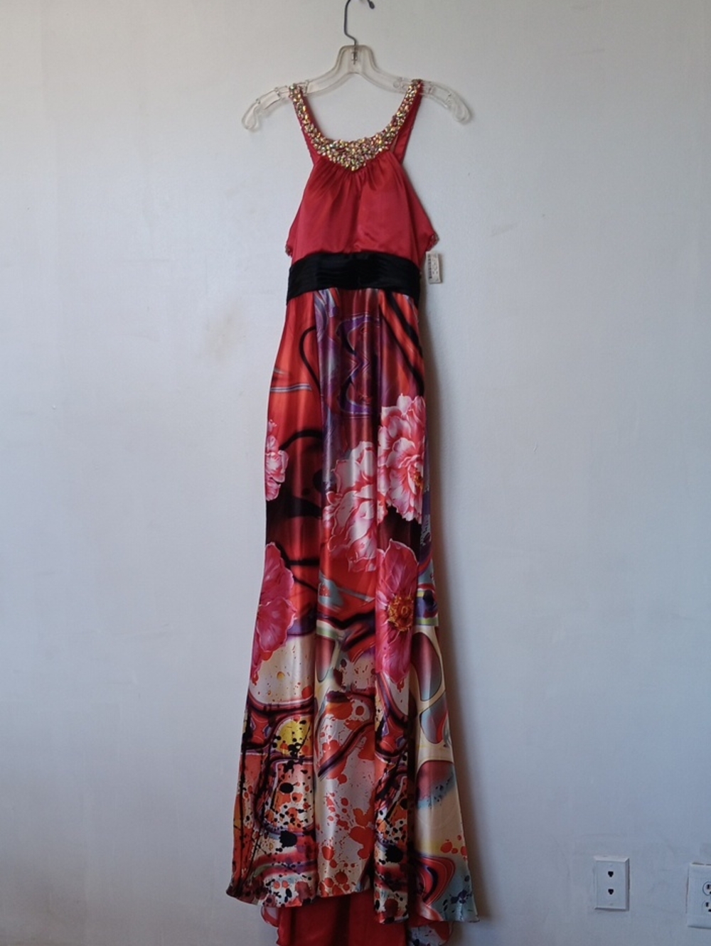 Beaded-Neck Red Floral Maxi Dress with Black Waistband